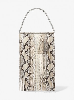 Michael Kors Ali Fringed Python Embossed Leather Clutch Debriyaj Çanta Kadın Bej Rengi | 295816-VCD