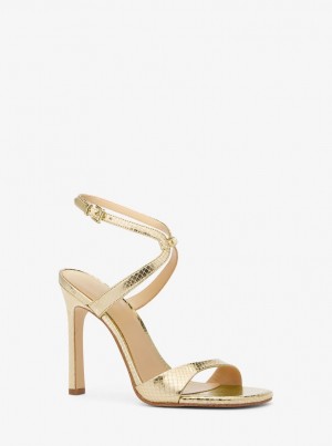 Michael Kors Amara Metallic Snake Embossed Leather Sandal Sandalet Kadın Altın | 819270-IJK