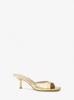 Michael Kors Anita Metallic Crocodile Embossed Sandals Sandalet Kadın Altın | 467521-ABF