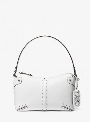 Michael Kors Astor Large Studded Leather Shoulder Bag Omuz Çantası Kadın Beyaz | 837415-LOP