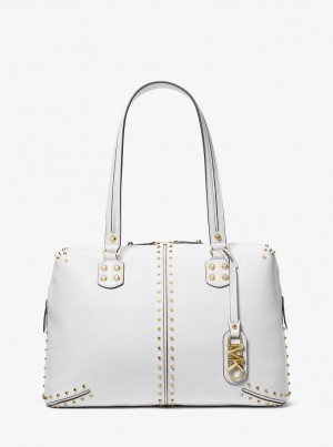 Michael Kors Astor Large Studded Leather Tote Bag Duffle Çanta Kadın Beyaz | 951367-IHX