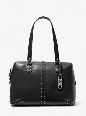 Michael Kors Astor Large Studded Leather Tote Bag Duffle Çanta Kadın Siyah | 287391-EZI