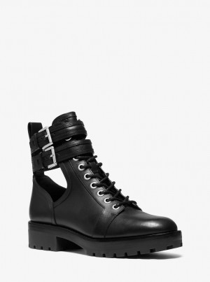 Michael Kors Bensen Leather Combat Boot Bot Kadın Siyah | 873054-MSK