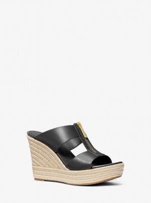 Michael Kors Bradley Leather Wedge Sandal Sandalet Kadın Siyah | 782610-EXW