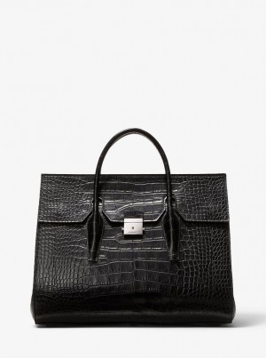 Michael Kors Campbell Crocodile Embossed Leather Weekender Bag Satchel Çanta Kadın Siyah | 926458-JPY