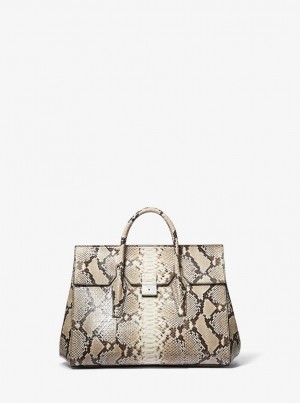 Michael Kors Campbell Large Python Embossed Leather Weekender Bag Satchel Çanta Kadın Bej Rengi | 423589-GSZ