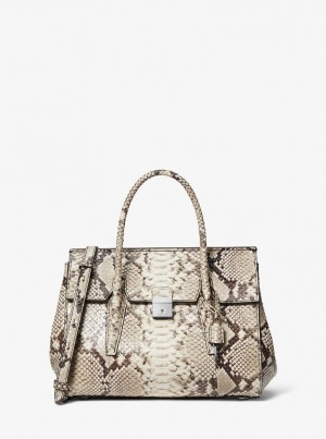 Michael Kors Campbell Medium Python Embossed Leather Satchel Satchel Çanta Kadın Bej Rengi | 937540-NMX