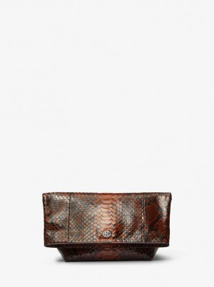 Michael Kors Candice Small Python Embossed Leather Folded Clutch Debriyaj Çanta Kadın Kahverengi | 176892-BGR