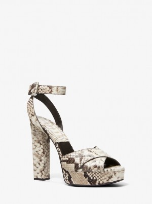 Michael Kors Cannon Python Embossed Leather Platform Sandal Sandalet Kadın Bej Rengi | 982147-LCD