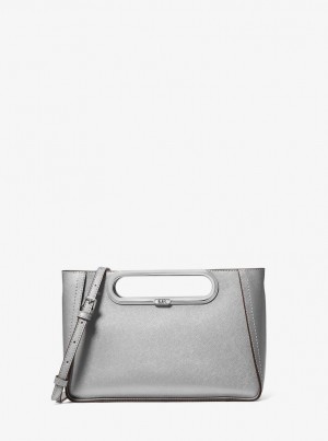 Michael Kors Chelsea Large Metallic Saffiano Leather Convertible Crossbody Bag Çapraz Çanta Kadın Gümüş | 937845-EGI