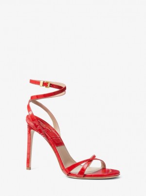 Michael Kors Chrissy Crocodile Embossed Leather Sandal Sandalet Kadın Poppy | 154826-BXO