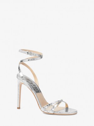 Michael Kors Chrissy Metallic Python Embossed Leather Sandal Sandalet Kadın Gümüş | 246735-GCT