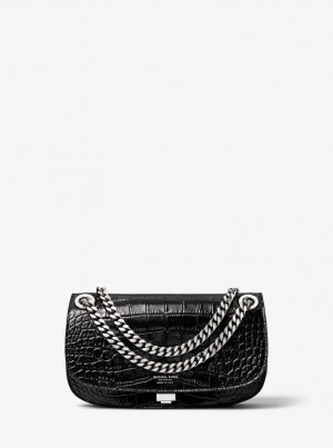 Michael Kors Christie Crocodile Embossed Leather Envelope Bag Debriyaj Çanta Kadın Siyah | 745120-YZF