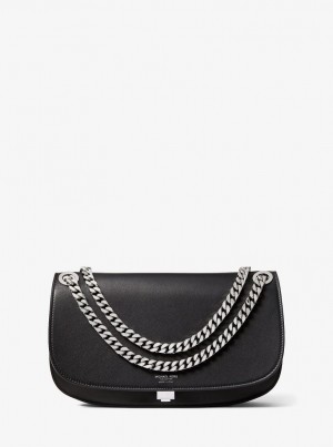 Michael Kors Christie Medium Leather Envelope Bag Debriyaj Çanta Kadın Siyah | 156902-ABT