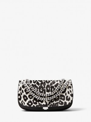 Michael Kors Christie Mini Leopard Print Calf Hair and Leather Envelope Bag Debriyaj Çanta Kadın Siyah Beyaz | 684012-WYP