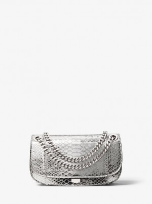 Michael Kors Christie Mini Metallic Python Embossed Leather Envelope Bag Debriyaj Çanta Kadın Gümüş | 752143-JBR