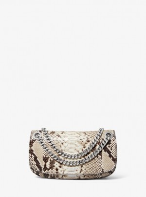 Michael Kors Christie Mini Python Embossed Leather Envelope Bag Debriyaj Çanta Kadın Bej Rengi | 324159-MNX