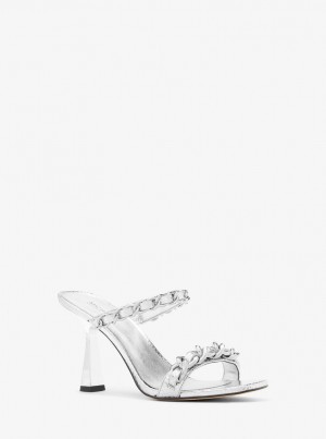 Michael Kors Clara Embellished Metallic Snake Embossed Leather Sandal Sandalet Kadın Gümüş | 568274-PLQ