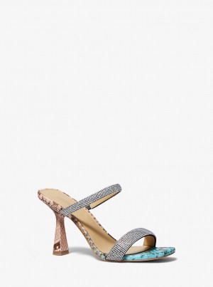 Michael Kors Clara Embellished Snake Embossed Sandal Sandalet Kadın Mavi Renkli | 916305-GIZ