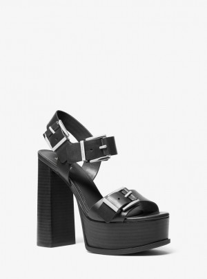 Michael Kors Colby Leather Platform Sandal Sandalet Kadın Siyah | 870615-OGB