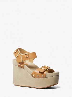 Michael Kors Colby Leather Wedge Sandal Sandalet Kadın Pale Peanut | 823104-NVS