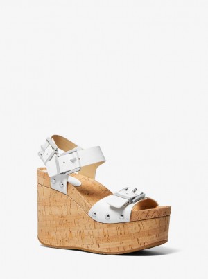 Michael Kors Colby Leather Wedge Sandal Sandalet Kadın Beyaz | 508943-XWI