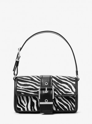 Michael Kors Colby Medium Zebra Print Calf Hair Shoulder Bag Omuz Çantası Kadın Siyah | 801694-GXY