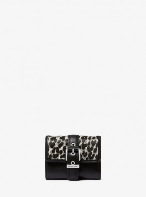 Michael Kors Colby Small Leopard Print Calf Hair Tri-Fold Wallet Cüzdan Kadın Siyah | 102456-OMY