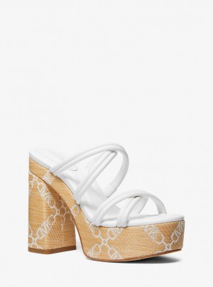 Michael Kors Corrine Empire Logo Jacquard Straw Platform Sandal Sandalet Kadın Nat/Opticwht | 528019-XJE