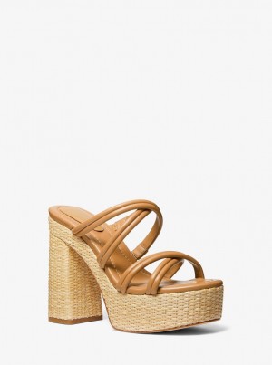 Michael Kors Corrine Leather and Straw Platform Sandal Sandalet Kadın Pale Peanut | 570984-WZH