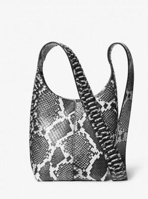 Michael Kors Dede Mini Python Embossed Leather Hobo Bag Omuz Çantası Kadın Siyah Beyaz | 902416-VKH