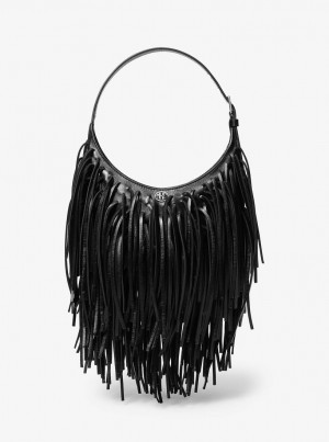 Michael Kors Dyan Small Fringed Leather Shoulder Bag Omuz Çantası Kadın Siyah | 607239-ONT