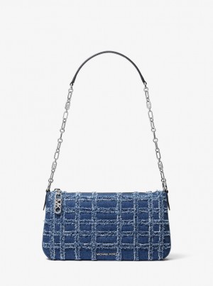 Michael Kors Empire Medium Frayed Denim Chain-Link Pochette Omuz Çantası Kadın Mavi | 436295-IDN