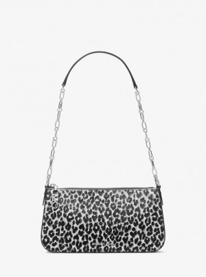 Michael Kors Empire Medium Leopard Print Calf Hair Chain-Link Pochette Çapraz Çanta Kadın Siyah | 893416-AHE