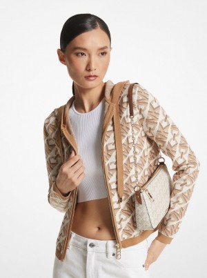 Michael Kors Empire Signature Logo Jacquard Zip-Up Hoodie Kazak Kadın Bej Rengi | 349715-SQR