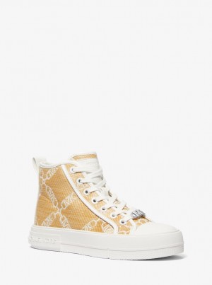 Michael Kors Evy Empire Logo Jacquard Straw High-Top Sneaker Spor Ayakkabı Kadın Nat/Opticwht | 489602-SAX