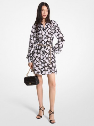 Michael Kors Floral Georgette Midi Dress Elbise Kadın Siyah Beyaz | 371026-XUE