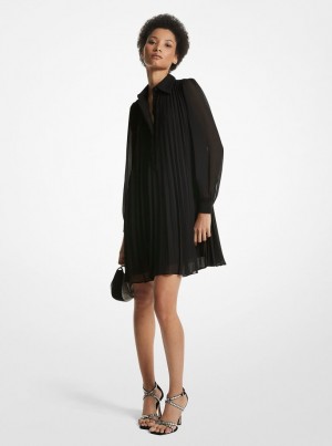 Michael Kors Georgette Pleated Shirtdress Elbise Kadın Siyah | 694758-RDO