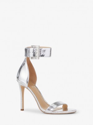 Michael Kors Giselle Metallic Snake Embossed Leather Sandal Sandalet Kadın Gümüş | 674153-QEV