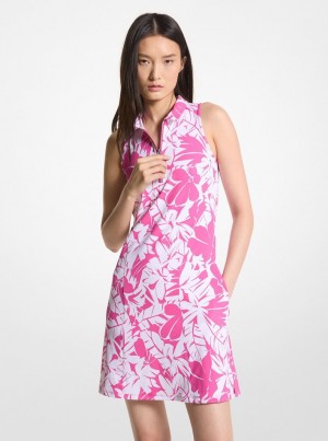 Michael Kors Golf Palm Print Stretch Knit Zip-Up Polo Dress Elbise Kadın Pembe | 485231-HCJ