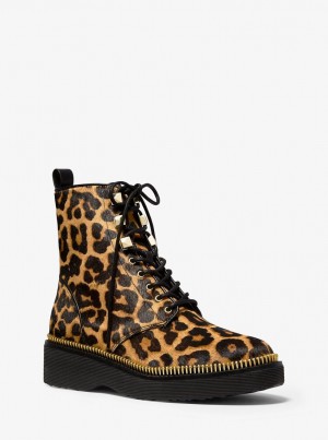 Michael Kors Haskell Leopard Calf Hair Combat Boot Bot Kadın Butterscotch | 073845-YJD