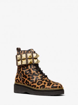 Michael Kors Haskell Studded Printed Calf Hair Combat Boot Bot Kadın Butterscotch | 390782-PVE