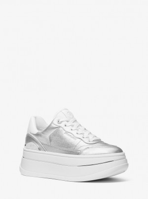 Michael Kors Hayes Metallic Leather Platform Sneaker Spor Ayakkabı Kadın Gümüş | 084267-AQP