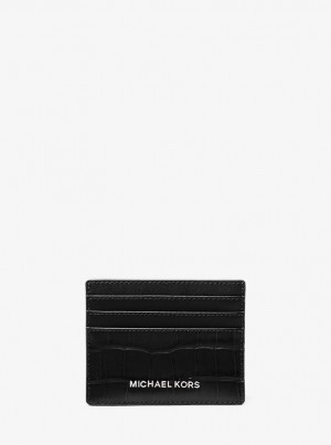 Michael Kors Hudson Crocodile Embossed Leather Tall Card Case Kart Kılıfı Erkek Siyah | 086241-RHB