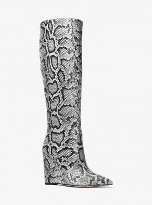 Michael Kors Isra Snake Embossed Leather Wedge Boot Bot Kadın Siyah | 814572-IHK