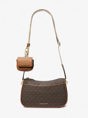 Michael Kors Jet Set Medium Signature Logo Crossbody Bag with Case for Apple AirPods Pro Çapraz Çanta Kadın Brn/Acorn | 936248-YBJ