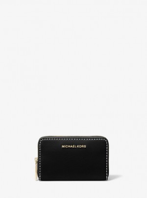 Michael Kors Jet Set Small Topstitched Leather Wallet Cüzdan Kadın Siyah | 715839-IZJ