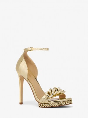 Michael Kors Jordyn Embellished Metallic Snake Embossed Leather Platform Sandal Sandalet Kadın Altın | 367429-TZJ