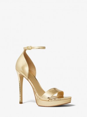 Michael Kors Jordyn Metallic Snake Embossed Leather Platform Sandal Sandalet Kadın Altın | 746239-JAN