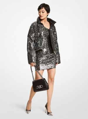 Michael Kors Leopard Sequined Cropped Puffer Jacket Mont Kadın Siyah | 065832-GYT